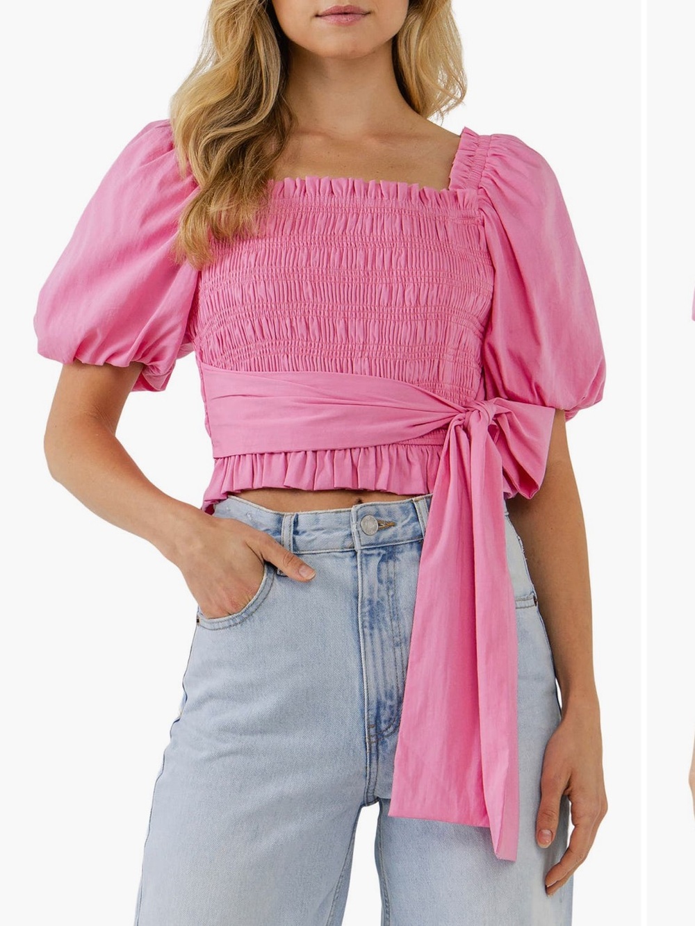English Factory Bow Waist Smocked Crop   Top - Pink - Large